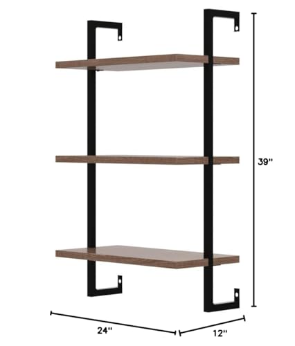 Nathan James Theo 3-Shelf Small Bookcase, Floating Wall Mount Bookshelf with Wood and Industrial Pipe/Metal Frame, Rustic Oak/Matte Black