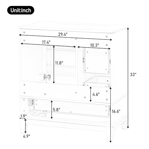30" Bathroom Vanities with Ceramic Sink, Multi-Functional Modern Wood Storage Cabinet Organizer Door Shelf, Left Side Drawers, Soft-Closing Door, Gray