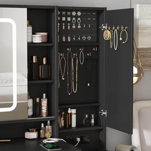 Vabches Vanity Desk with Mirror and Lights, Vanity Table Makeup Vanity with Lights 3 Drawers and Cabinets, Charging Station & Sliding Door, Lots Storage Shelves
