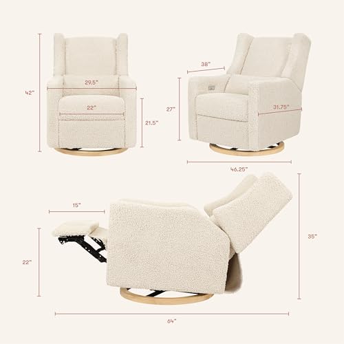 Babyletto Kiwi Glider Recliner Nursery Chair w/USB Ports - GREENGUARD Gold Certified - Water & Stain Resistant Glider Rocking Chair - Electronic, 270° Swivel, Almond Teddy Loop w/Light Wood Base