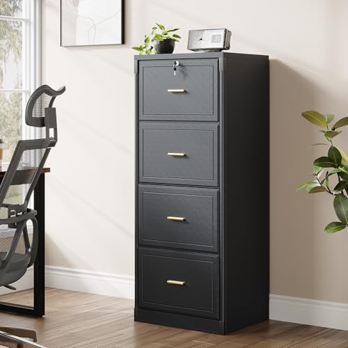 LITTLE TREE 4-Drawer File Cabinet with Lock, Large Vertical Storage Cabinet, Secure Space-Saver for Home Office, Compatible with A4/F4/Letter/Legal Size Files, Filing Cabinets for Home Office, Black