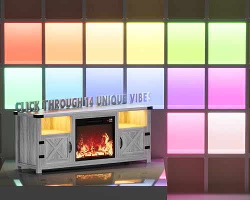 YESHOMY LED Fireplace TV Stand with Mood Lighting, TV Cabinet with Open Shelf, Farmhouse Media Console with Hidden Cable Routing, Entertainment Center for Televisions up to 65+ Inch, Gray Wash