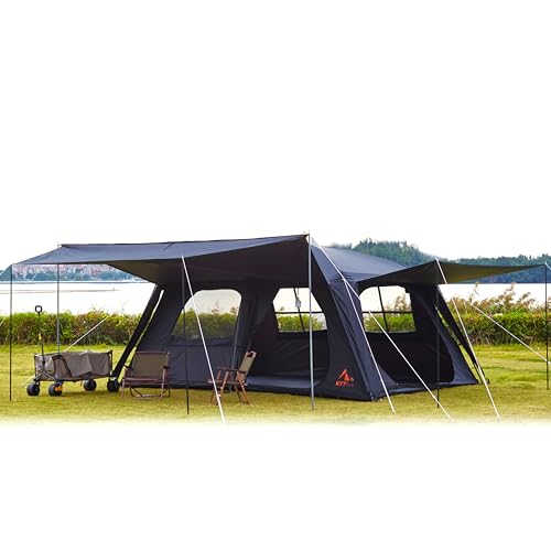KTT Extra Large Tent 12 Person,Awning Family Cabin Tents,2 Rooms,4 Doors and 4 Windows with Mesh,Straight Wall,Waterproof,Double Layer,Big Tent for Outdoor,Picnic,Camping,Family Gathering(Black)