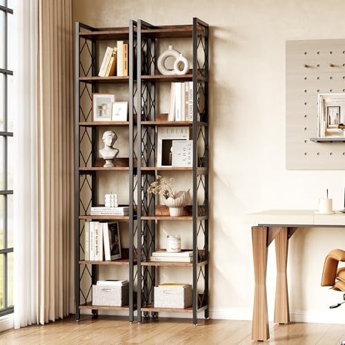 LITTLE TREE Book Shelf Set of 2, 7-Tier Tall Bookcase, Wooden Display Shelves with Metal Frame for Living Room, Modern Narrow Standing Bookshelves for Bedroom, Brown Office Shelf for Small Spaces