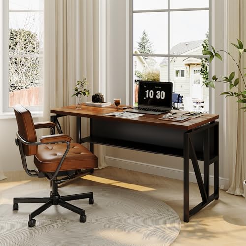 LITTLE TREE 55-Inch Executive Office Desk, Large Computer Desk with Storage Shelf, Executive Desk with Metal Frame, Thickened Desktop, Study Writing Desk Work Station for Home Office, Walnut Black