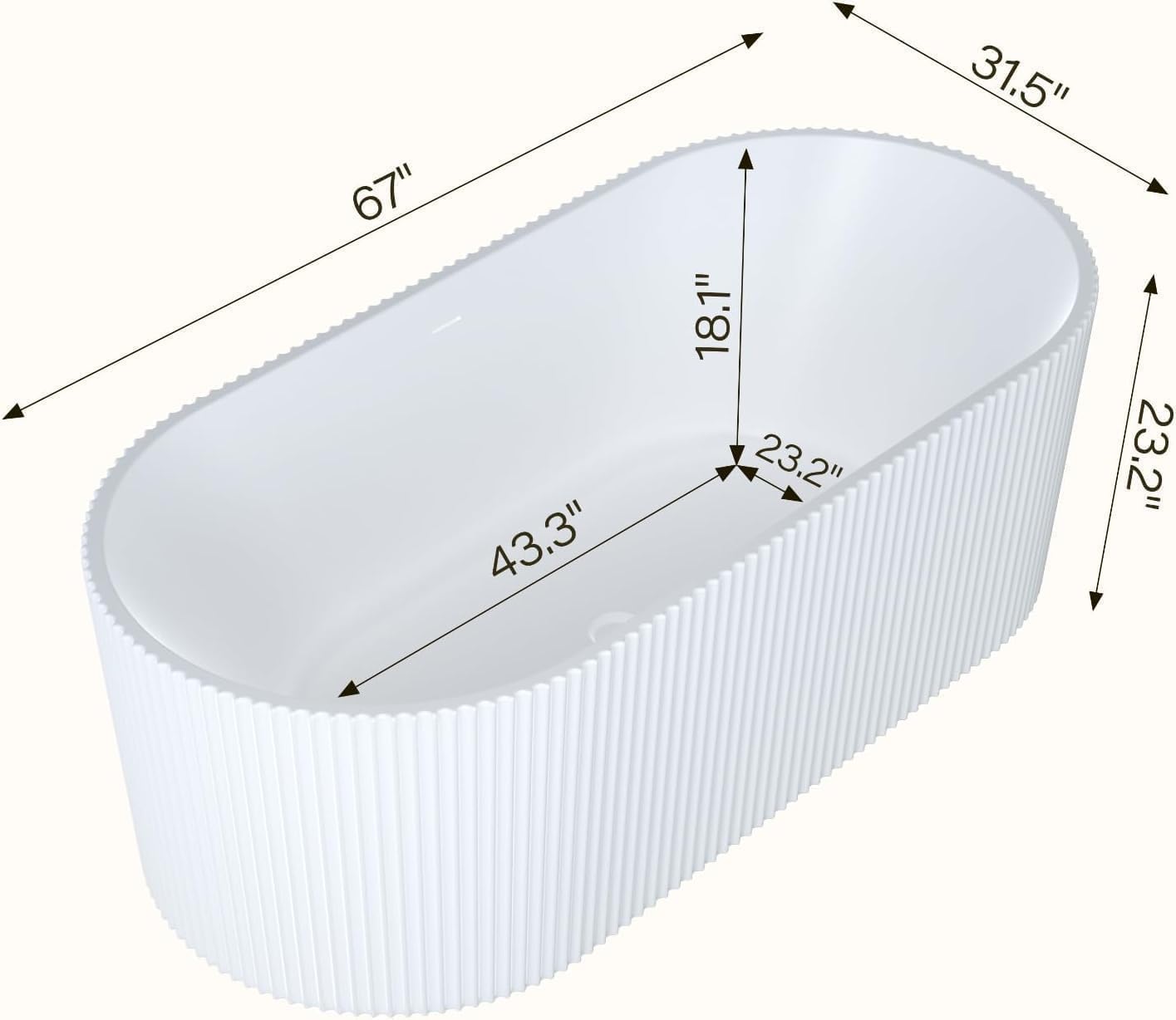 67'' Freestanding Bathtub, Deep Soaking Tub, Non-Slip Base, Acrylic, cUPC Certified Free Standing Tub, Chrome Drain Bath Tub, Modern Tub for Bathrooms, White