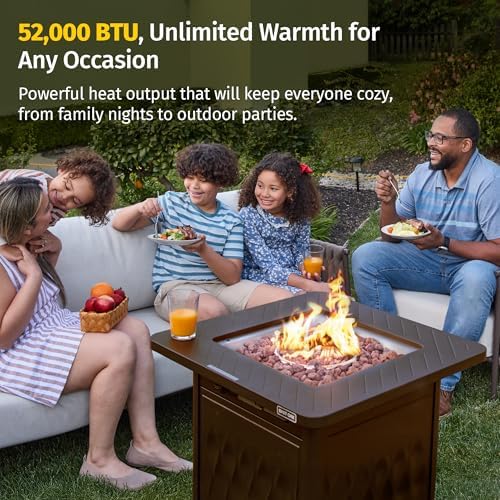 EAST OAK 28" Outdoor Propane Fire Pit Table | 52,000 BTU Gas Fire Pit Table for Outside with Magnetic Lid | Storage Basket & Lava Rocks | CSA Certified for Patio, Garden & Backyard | Black