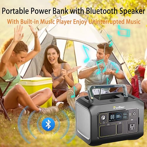 PurMars 300W Portable Power Station (Peak 500W) with Bluetooth Speaker & FM Radio,288Wh Solar Generator,110V AC Outlet,LiFePO4 Power Bank-Portable Power Station for Camping,Solar Power Bank for Home