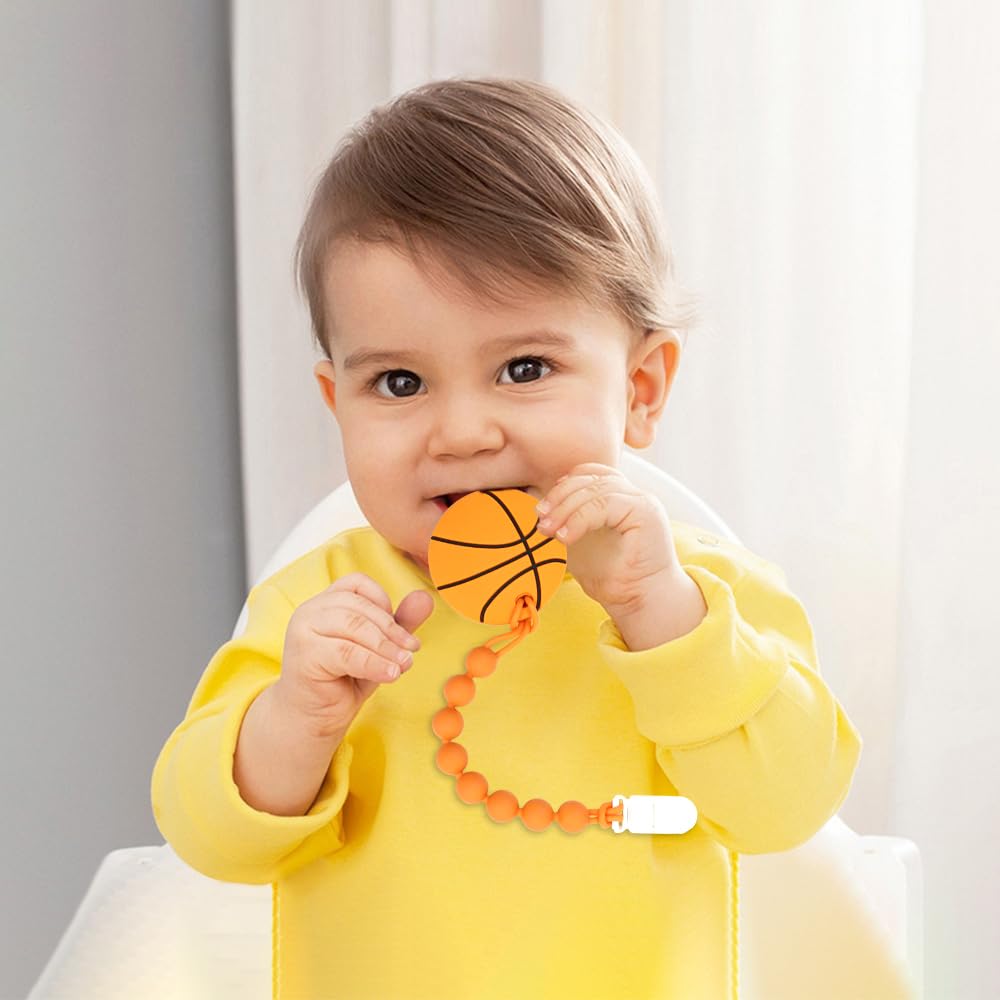 Baby Food Grade Silicone Sport Ball Teether Toy with Pacifier Clip Holder,Teething Toys Gift Set for 3 Months+ Boys and Girls,Freezer Safe,BPA Free. (Basketball)