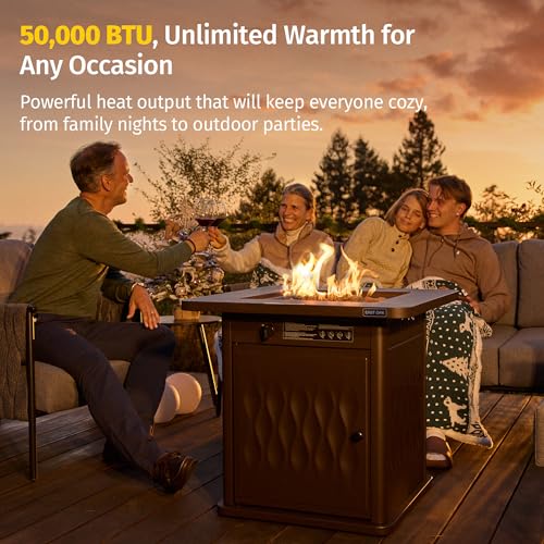 East Oak 28" Outdoor Propane Fire Pit Table | 50,000 BTU Gas Fire Pit Table for Outside with Magnetic Lid | Storage Basket & Lava Rocks | CSA Certified for Patio, Garden & Backyard | Brown