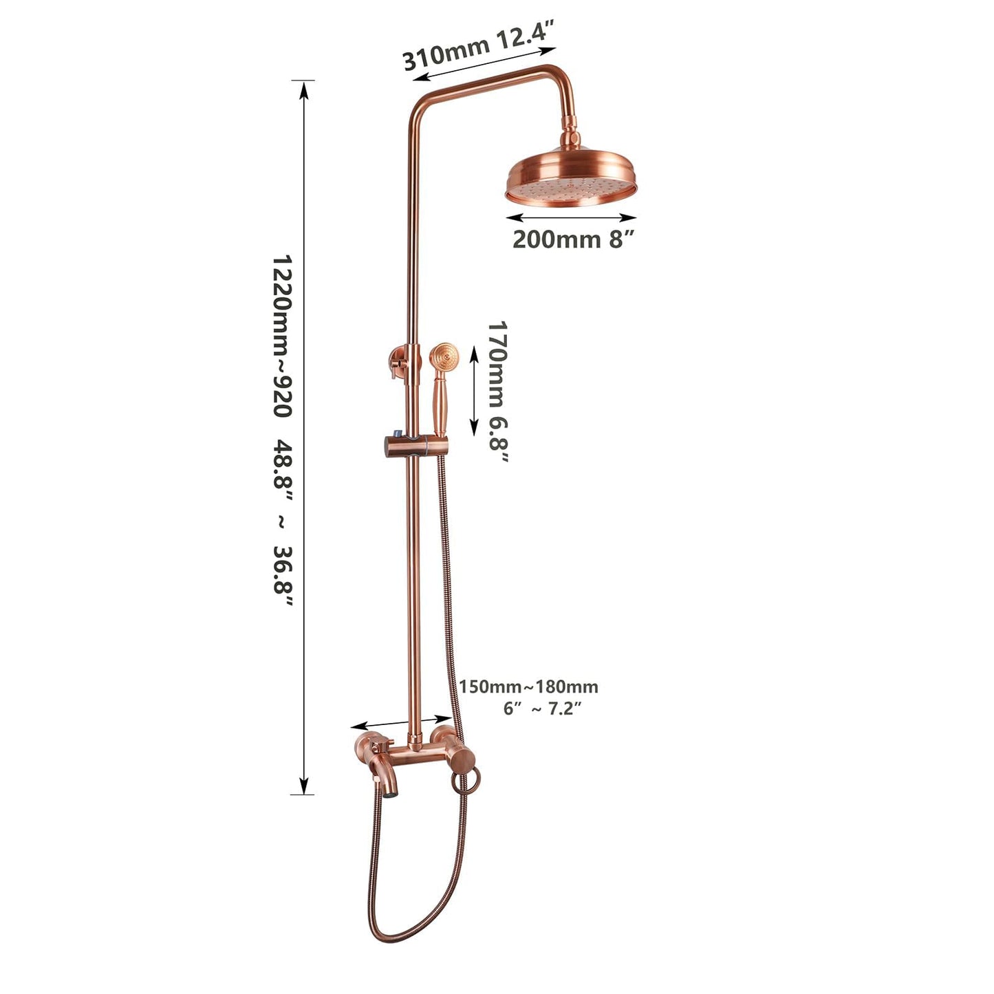 KECTIAKL Antique Copper Exposed Shower System 8 Inch Rainfall Shower Head 3 Functions Wall Mounted Outdoor Shower Fixtures Bathroom Shower Kit Antique Brass Shower Faucet Set