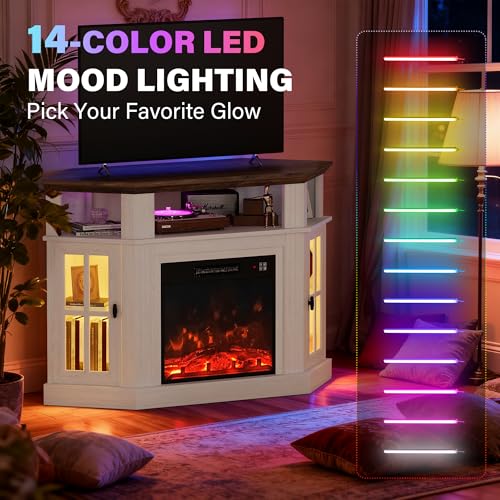 YESHOMY LED Corner Fireplace TV Stand with Mood Lighting, for TVs up to 55" with Storage Cabinets, Entertainment Center, Media Console for Living Room, Bedroom, White