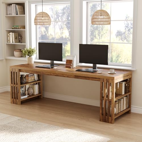 LITTLE TREE 78.7" Long Desk, 2 Person Desk with Shelves, Large Wooden Computer Desk, Heavy Duty Shelf Legs Design for Two Person Home Office, Business, Workstation, Brown (78.7" W x 23.6" D)