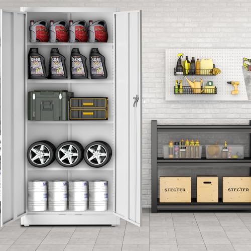 DUMOS 71" H White Metal Garage Storage Cabinets with Lock Door and Adjustable Shelves, Steel Tool Cabinets for Home,Office,Warehouse
