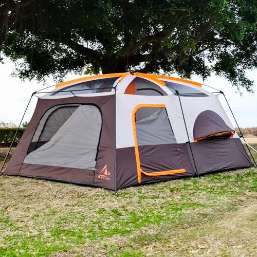 KTT Extra Large Tent 12 Person,Full Rainfly,2 Bay-Windows,Family Cabin Tent,14'Lx10'Wx6.58'H,2 Rooms and 3 Doors 3 Windows with Mesh,Waterproof,Straight Wall,Big Tent for Outdoor,Picnic,Camping