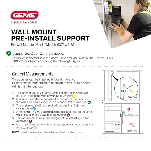 Genie 6072H-B Wall Mount Garage Door Opener with Battery Backup, Wall Mounted & Space Saving