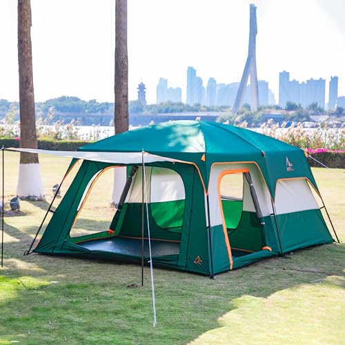 KTT Extra Large Tent 10-12 Person(B),Family Cabin Tents,2 Rooms,3 Doors and 3 Windows with Mesh,Straight Wall,Waterproof,Double Layer,Big Tent for Outdoor,Picnic,Camping,Family Gathering(Green)