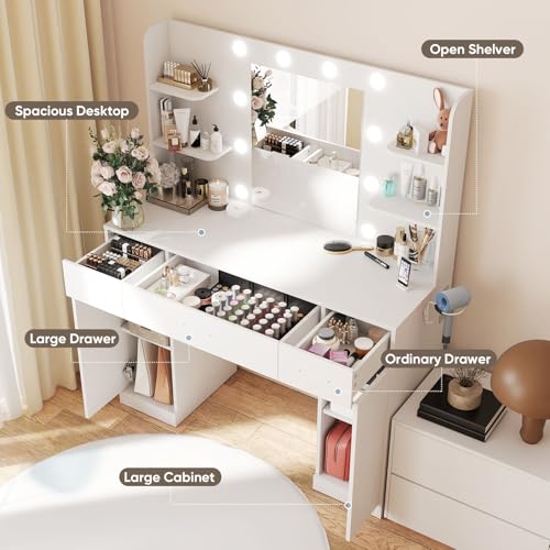 DUMOS Vanity Desk Makeup with Mirror LED Lights, White Table with Power Outlet 3 Drawer, 4 Storage Shelves & 2 Cabinets, 3 Lighting Modes & Adjustable Brightness, Dressing Tables for Bedroom