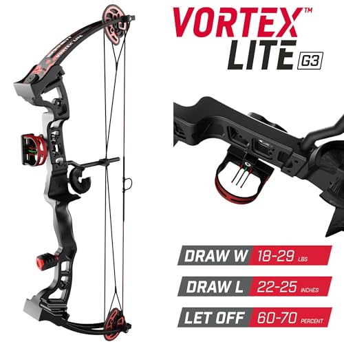 Barnett Vortex Lite G3 Youth Bow - 22-25in Draw Length, 18-29lb Hunting Compound Bow, Adjustable 60-70% Let Off, 3 Pin Fiber Optic Sight, Brush Retainer Rest, Fast Action Quiver, D Loop Installed