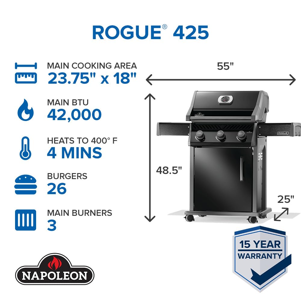 Napoleon Rogue 425 Propane Gas Grill, Black, Durable 3-Burner BBQ