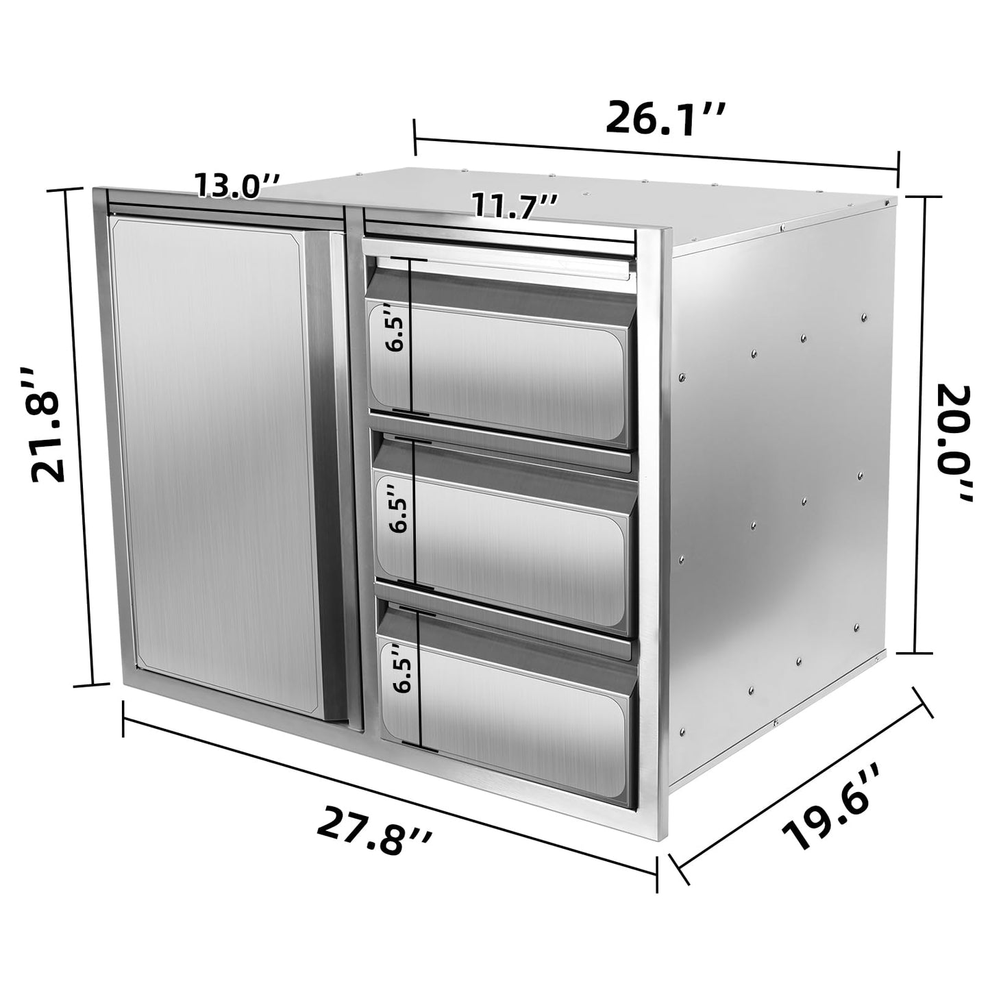 Outdoor Kitchen Drawer Combo, Stainless Steel Sealed Storage Combo with Triple Drawer, Outdoor Kitchen for BBQ Island, Grilling Station, Outside Cabinet (27.8" W x 21.8" D x 19.6" H)(Right Drawer)