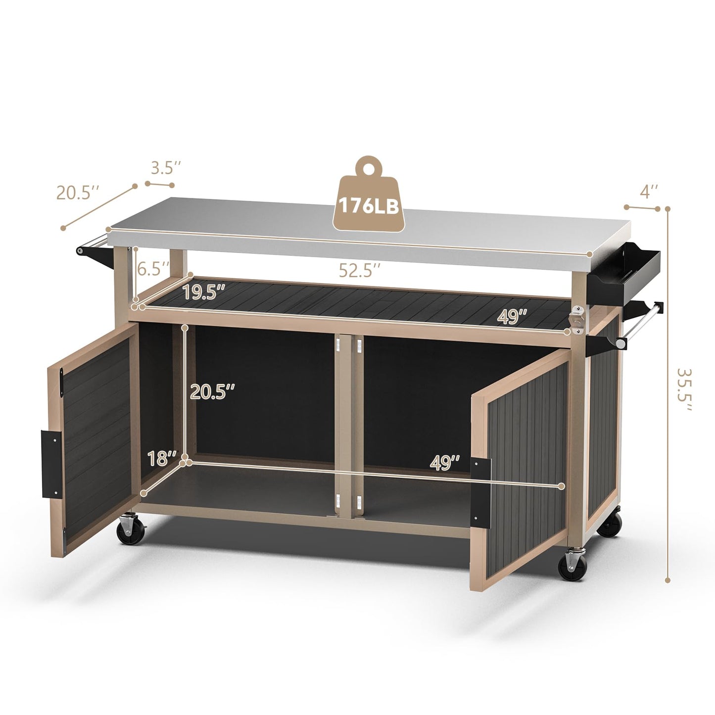 Skyflame Outdoor BBQ Storage Cabinet with Wheels, XL Stainless Steel Tabletop Grill Cart for Food Prep, Portable Kitchen Island Grilling Accessory for Patio, Backyard, Home Party, Bar