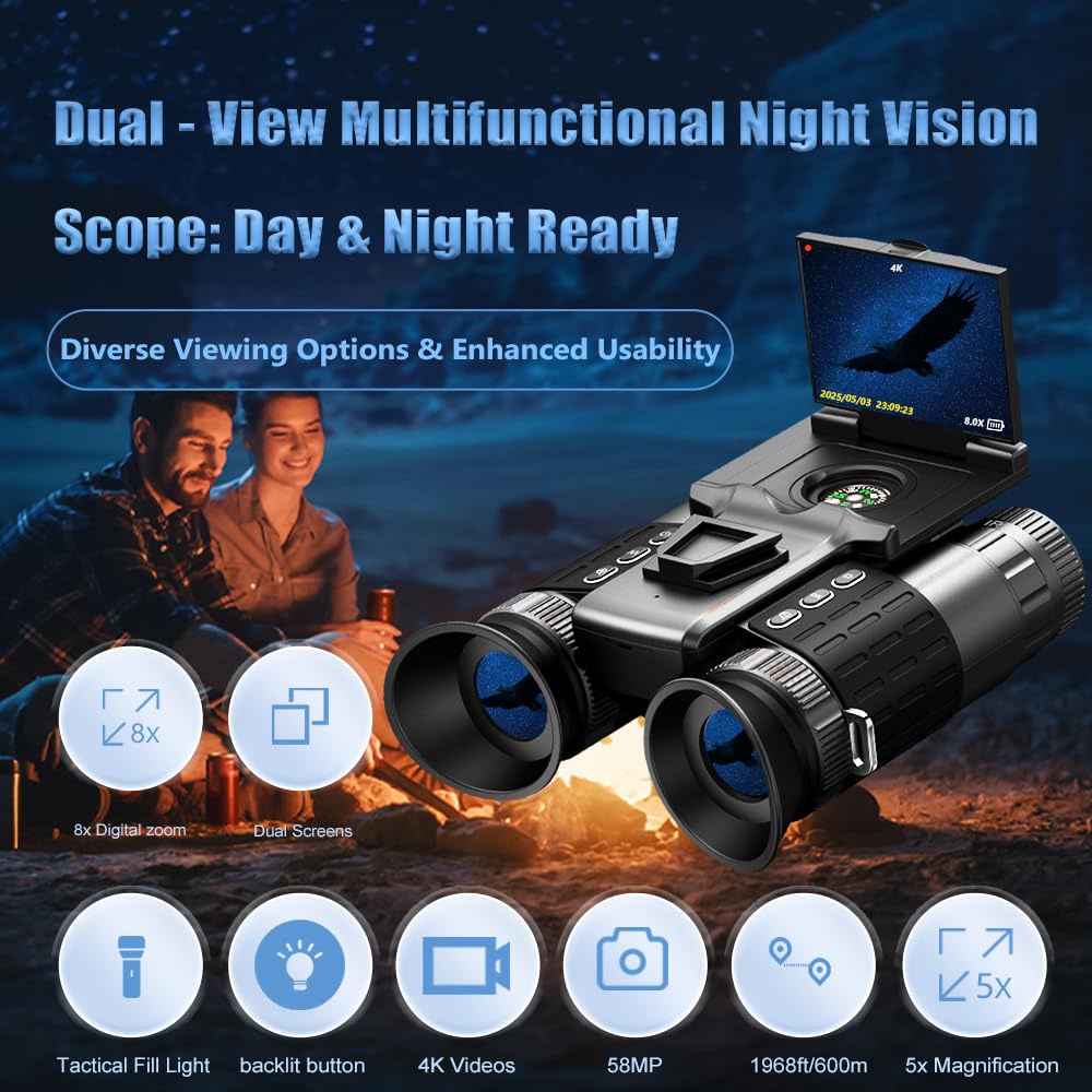 Head-Mounted Night Vision Goggles for Adults, Dual Screen Viewing 4K Video 48MP Photo Taking, 8X Digital Zoom, Military Night Vision Binoculars 1968FT Viewing Range, with 64GB Card