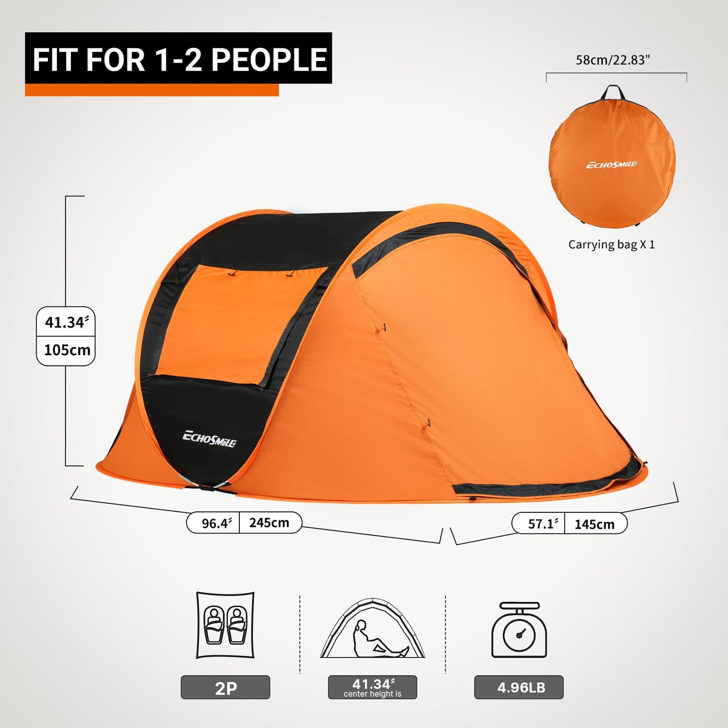 EchoSmile Instant Pop Up Camping Tent, 2 Person Easy Setup Tent, Water Resistant Dome, Portable with Carry Bag(Black & Orange,2 Person)