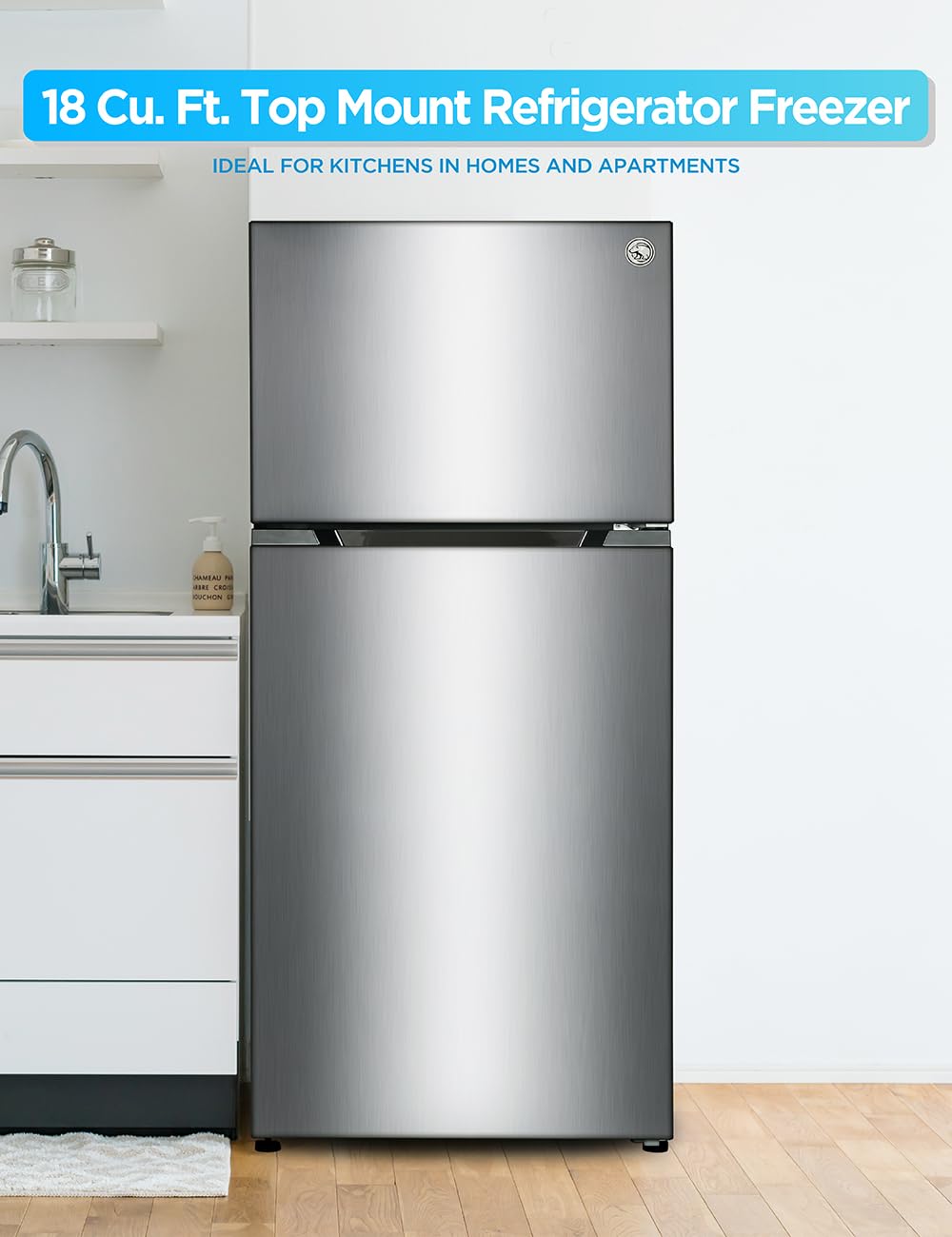 Commercial Cool 18 Cu. Ft. Top Mount Refrigerator with Freezer, 2-Door Refrigerator with Top Freezer and Adjustable Temperature Control, Ice Maker Ready, Energy Star Certified, Stainless Look