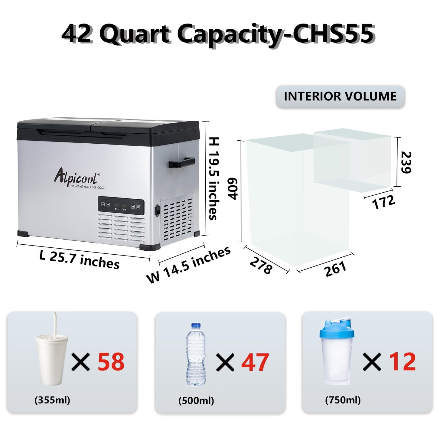 Alpicool CHS55 Dual Temperature Control 12 Volt Refrigerator 42 Quart Portable Car Fridge Freezer (-4°F~68°F) for Truck,RV,Camping and Travel