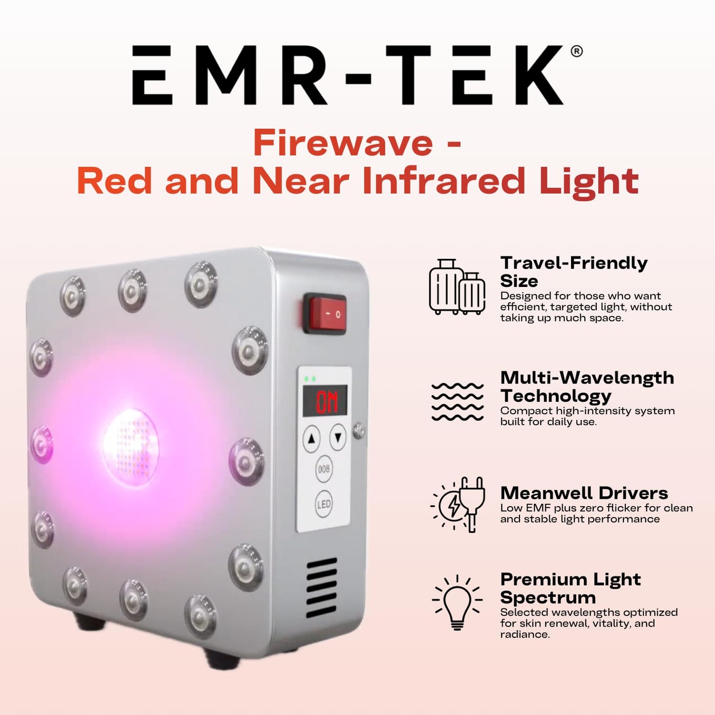 EMR-TEK Firewave | Red Light Therapy for Face & Body, Blend of Red (630nm 670nm) & Near-Infrared (830nm) Light | Portable LED Lamp for At-Home Skincare Wellness, Supports Recovery & Full-Body Sessions