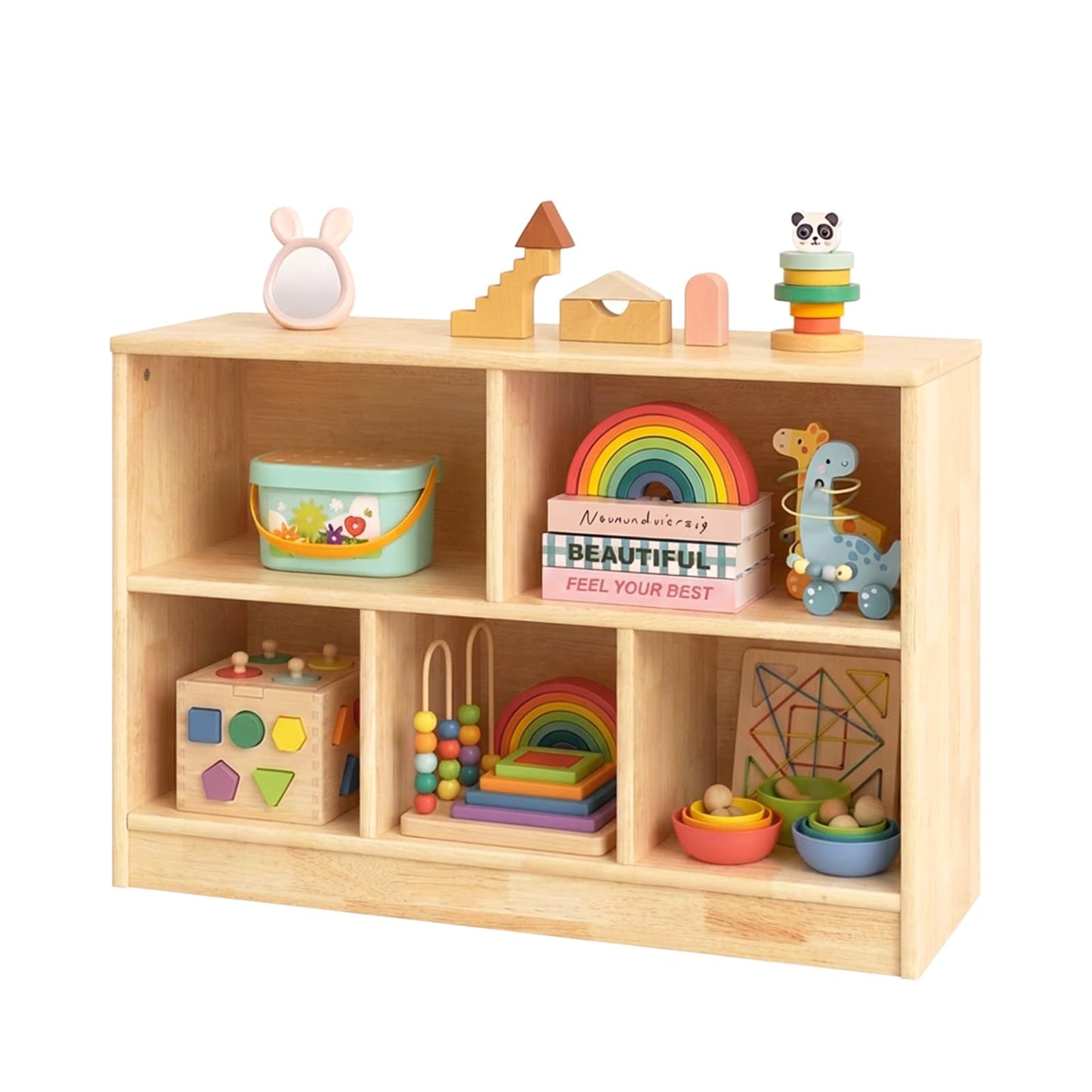 PTINFLUCE Rubber Wood Montessori Shelf, Wooden Toy Storage Organizer for Books Toys, 2 Shelf Bookcase, 5-Section Storage Cabinet, Toddler Book Shelf for Kids Rooms, Playroom, Nursery, Kindergarten