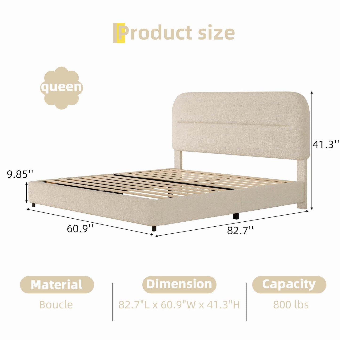 HOMBCK Queen Bed Frame with Headboard, Boucle Upholstered Soft Platform Bed Frame with Thickened Footboard, Rounded Corners Design, No Box Spring Required, Easy Assembly, Cream