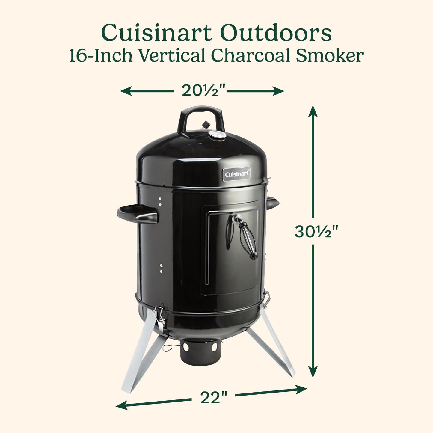 Cuisinart 16” Vertical Charcoal Smoker, Integrated Thermometer, Water Bowl and Dual Vents Perfect for Smoked Brisket, Chrome Plated Grates Smoker Grill for BBQ, Camping, Tailgates