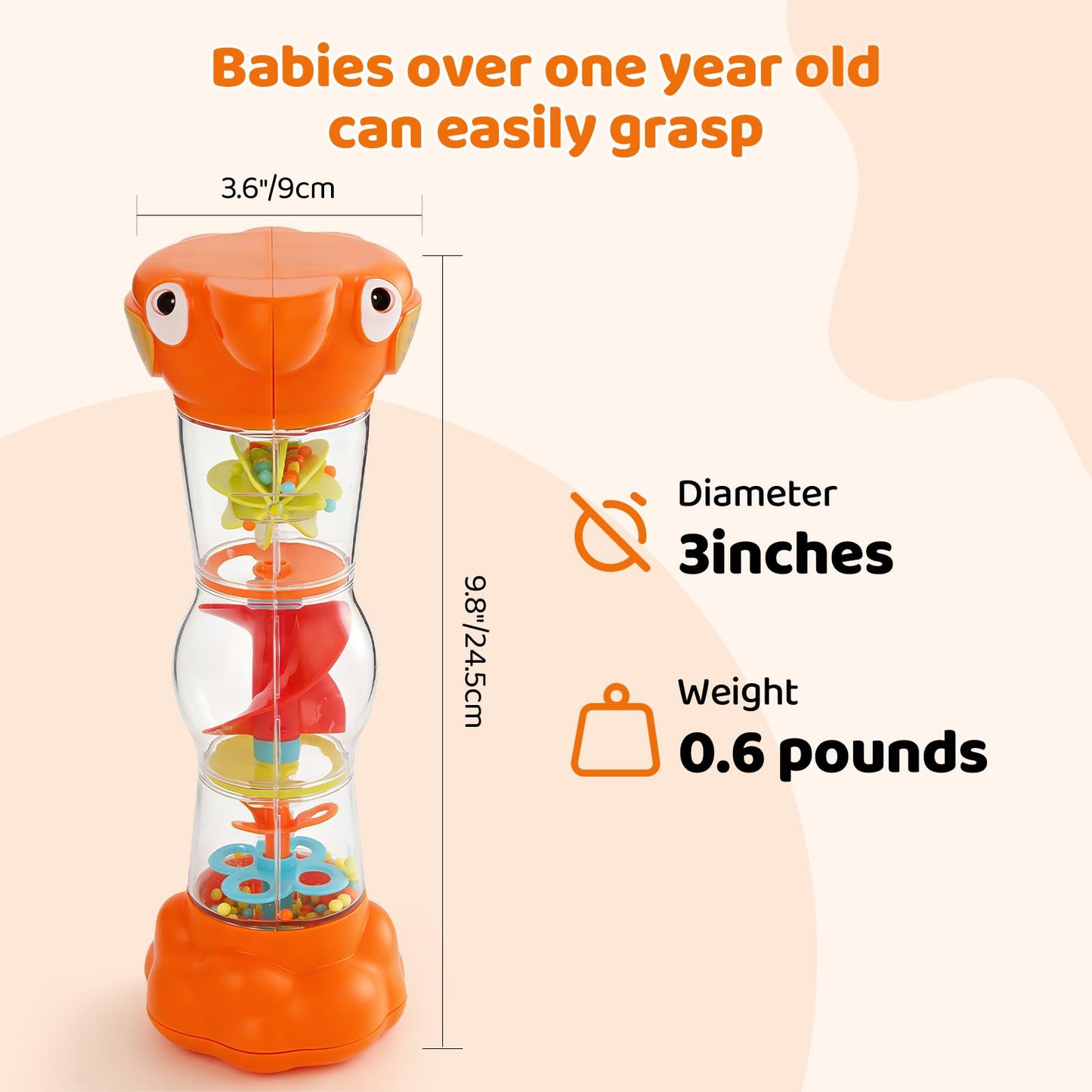 Montessori Baby Toys for 6-12 Months 1 Year Old,Rain Stick Baby Rattle Shaker Infant Sound Toy 9.8” Rainmaker Musical Sensory Tummy Time Toys for 6 7 8 9 10 Months Newborn Toddlers Gifts-Orange