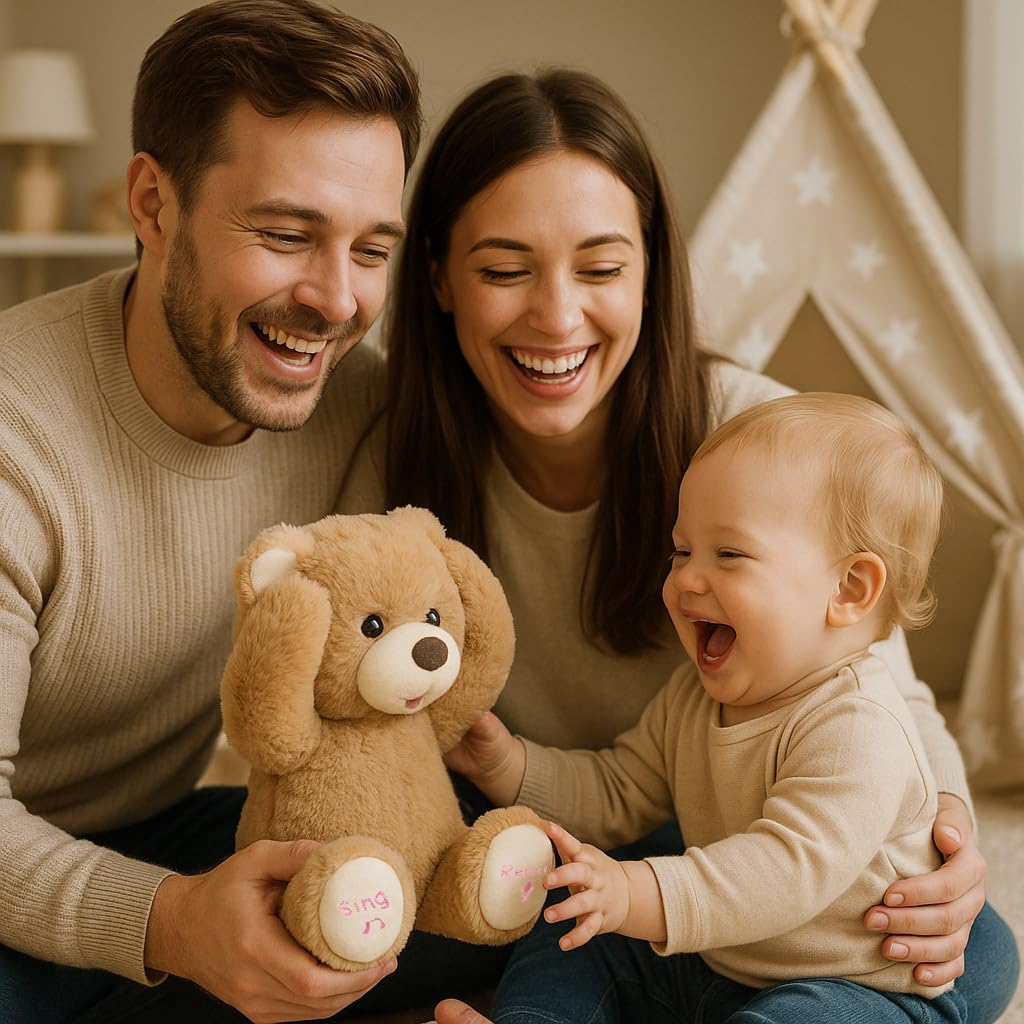 Hopearl Peek A Boo Bear Interactive Repeats What You Say Plush Teddy Bear Toy Musical Singing Talking Stuffed Animal Adorable Electric Animate Gift for Toddlers, Brown, 11''