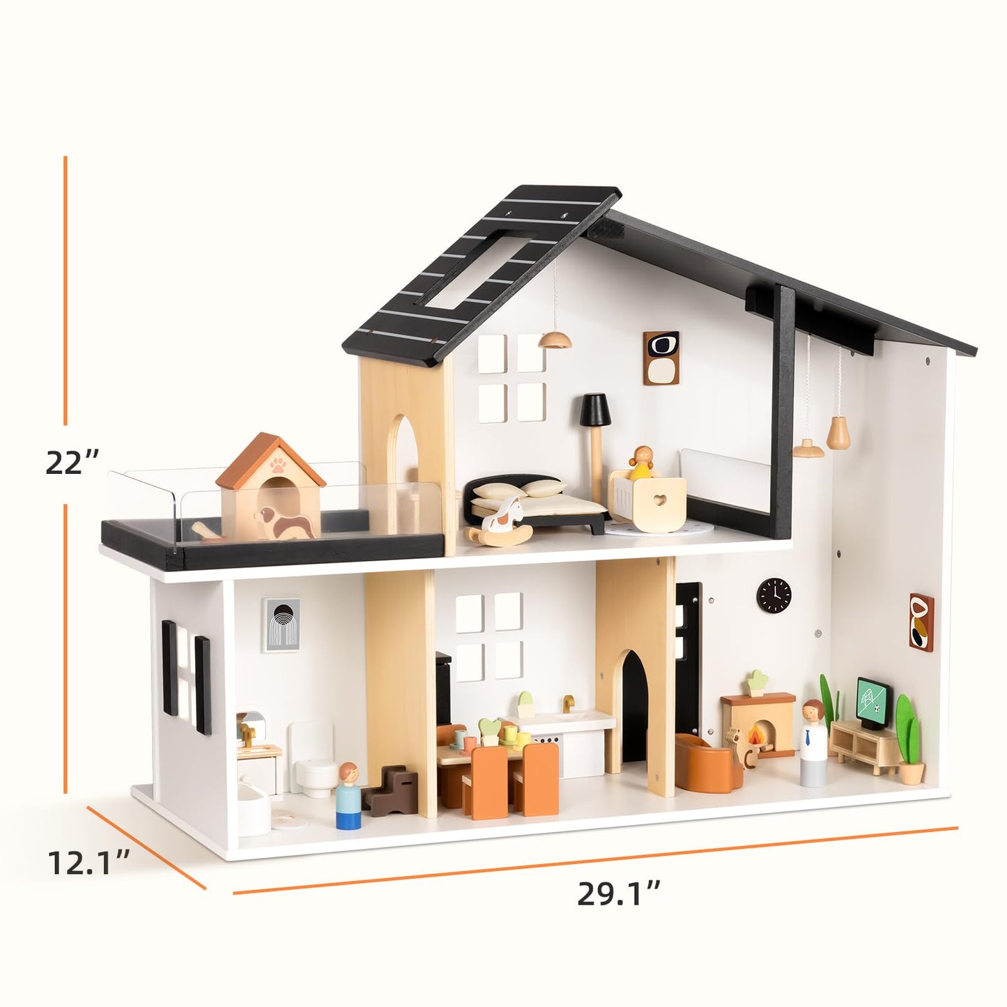 OOOK Wooden Dollhouse, Modern Doll House with 66Pcs Luxurious Furniture Accessories, Including Dolls and Pet Sets, Wood Dollhouse Toy for Boys and Girls 3+