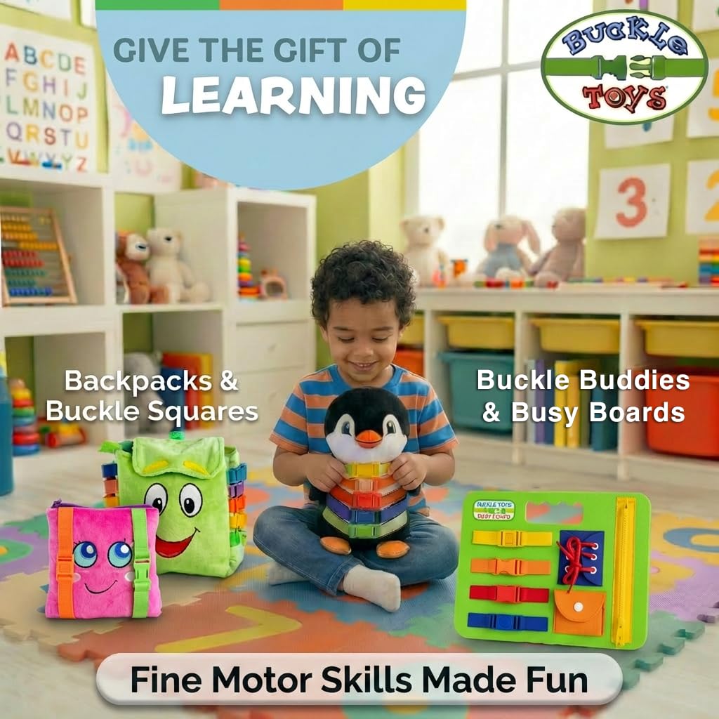 Buckle Toys Mini Busy Board - Montessori Learning Toy for Toddlers Great Kids Airplane Activies - Foam Sensory Board - Develop Fine Motor Skills - Green