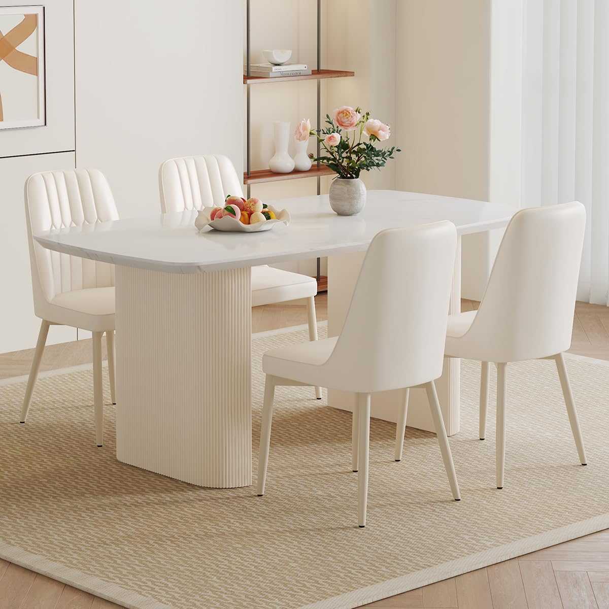 Ebullient 67'' White Dining Table Set for 4, Kitchen Table Chairs Set with Sleek Ripple Pedestal Base, Modern Dining Table Set with 4 Metal Leg Chairs, Ideal for Dining Room, Living Room, Saving Space