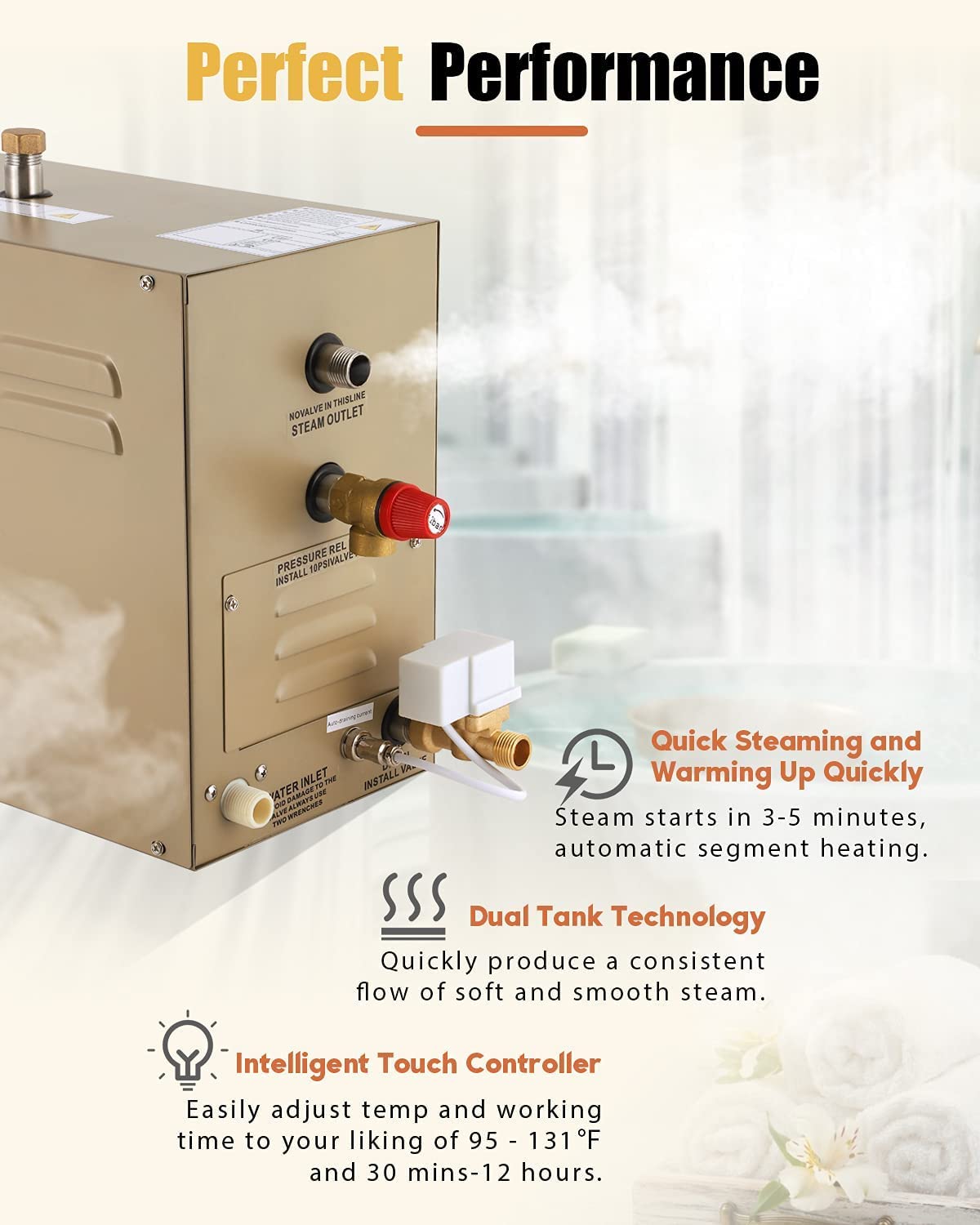 CGOLDENWALL 12KW Commercial Self-Draining Steam Generator Shower System Home Steam Bath Spa Generator 30 min to 12 Hours with Auto Drain 95-131℉ for Suitable Space Heating 12 m³/424 Cubic feet (12KW)