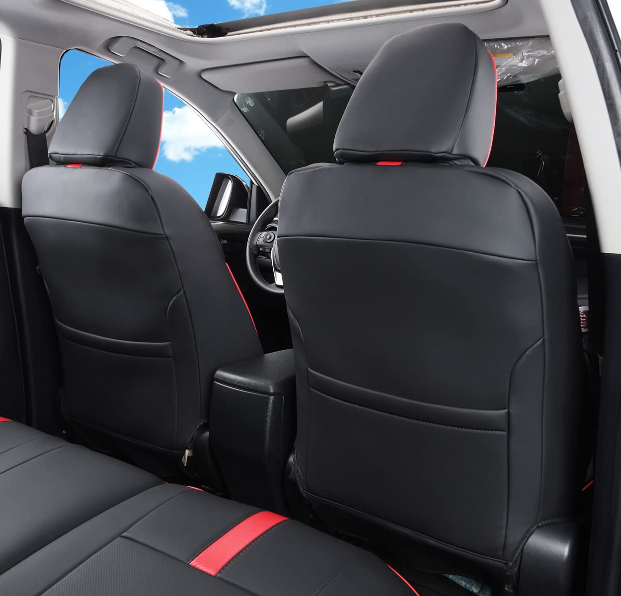 LuLuDa Custom Fit Car Seat Cover for Toyota RAV4 2013 2014 2015 2016 2017 2018 Waterproof Faux Leather (Black with Red Trim, LU2013-2018 RAV4)