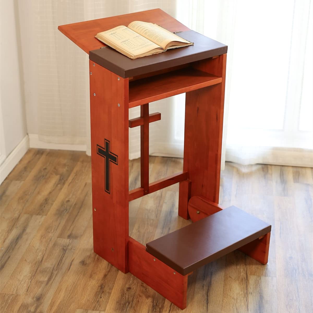 Volowoo Prayer Bench Stool,Solid Wood Prayer Kneeler with Bench and Folding Table Top in Home,Church Prayer Table Chair Padded Kneeler Shelf for Kneeling at Home,Religious Gifts