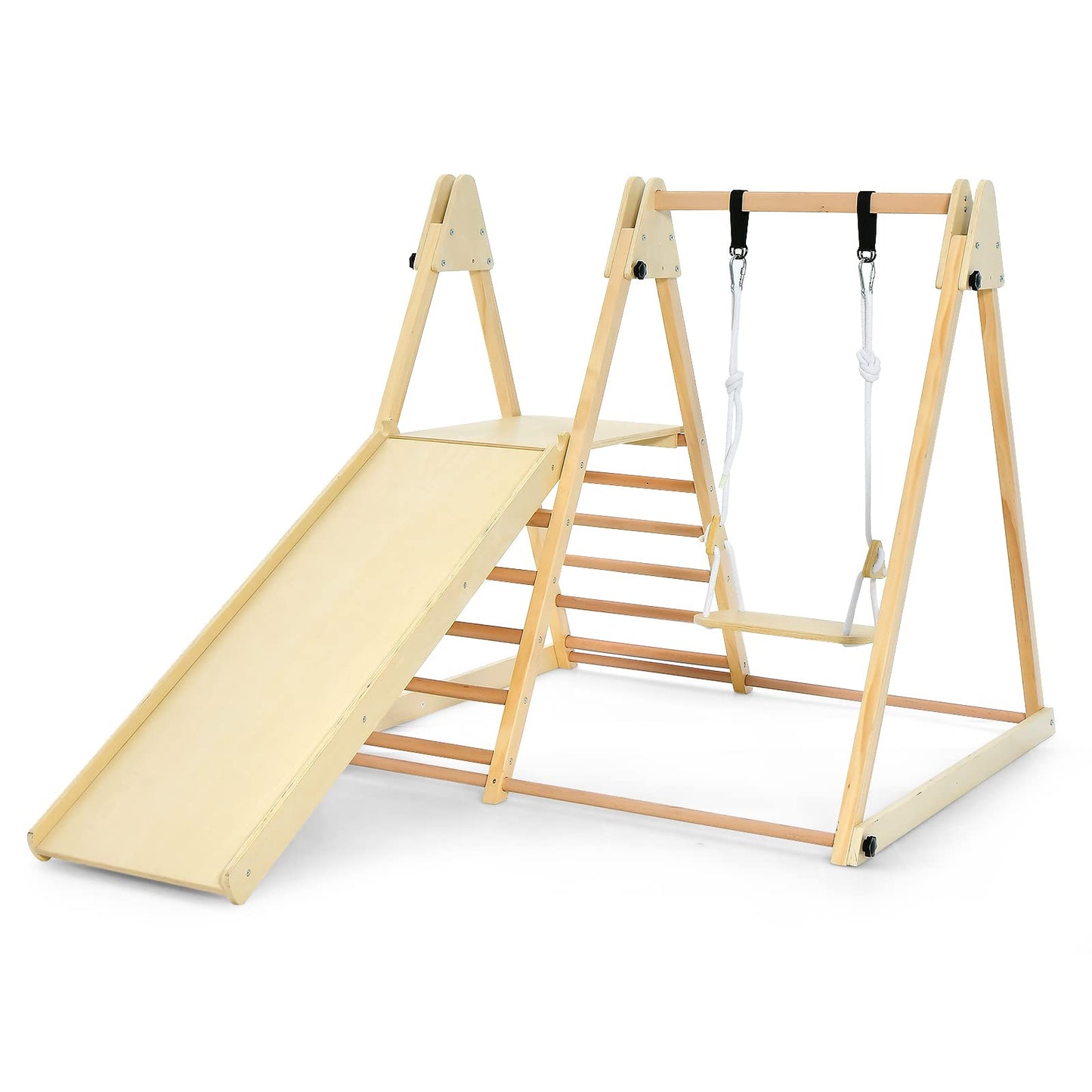 OLAKIDS Indoor Jungle Gym 4 in 1 Foldable Toddler Wooden Montessori Baby Climbing Toys with Swing Slide Ramp Ladder for Kids Playground Climb Activity Play Structure
