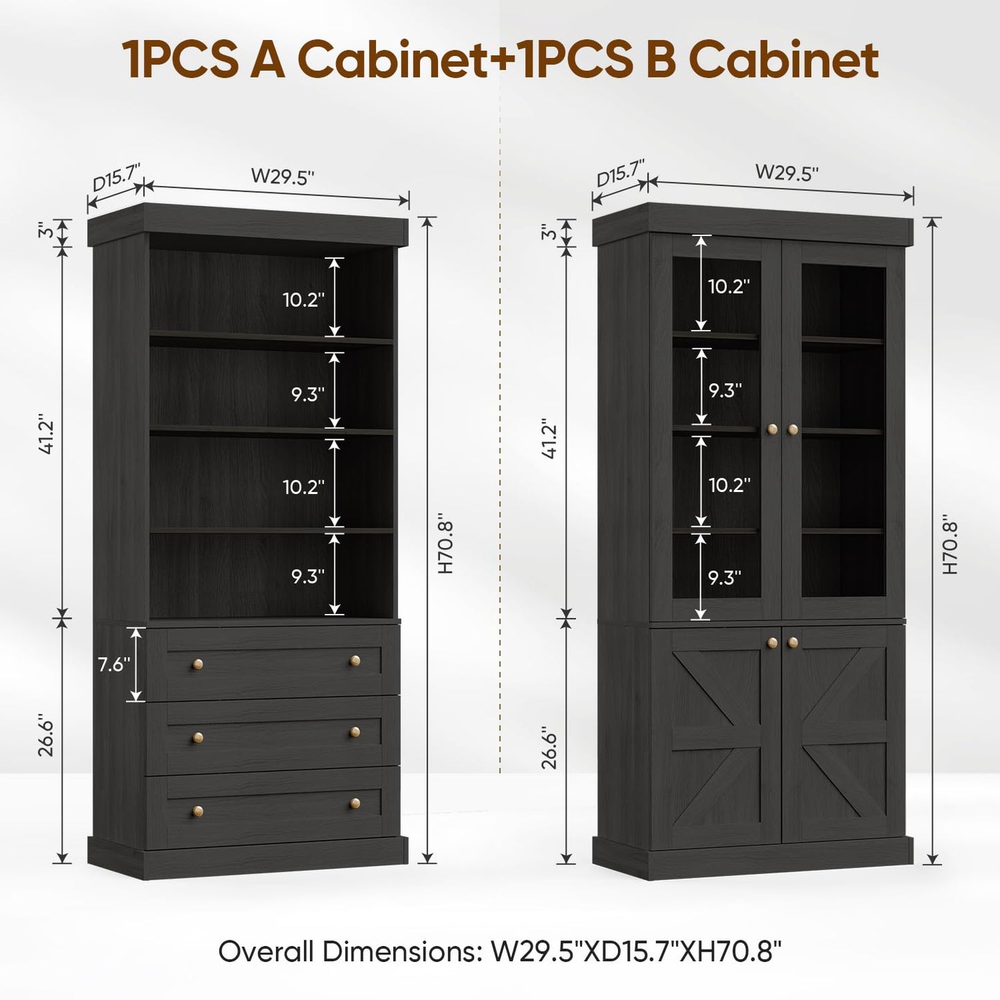 Myricore 71" Tall Farmhouse Kitchen Pantry, Large Storage Cabinet with Glass Doors, Adjustable Shelves, 3 Drawer, Wood Versatile Hutch Cabinet for Dining Room, Living Room, Black 3 Pcs