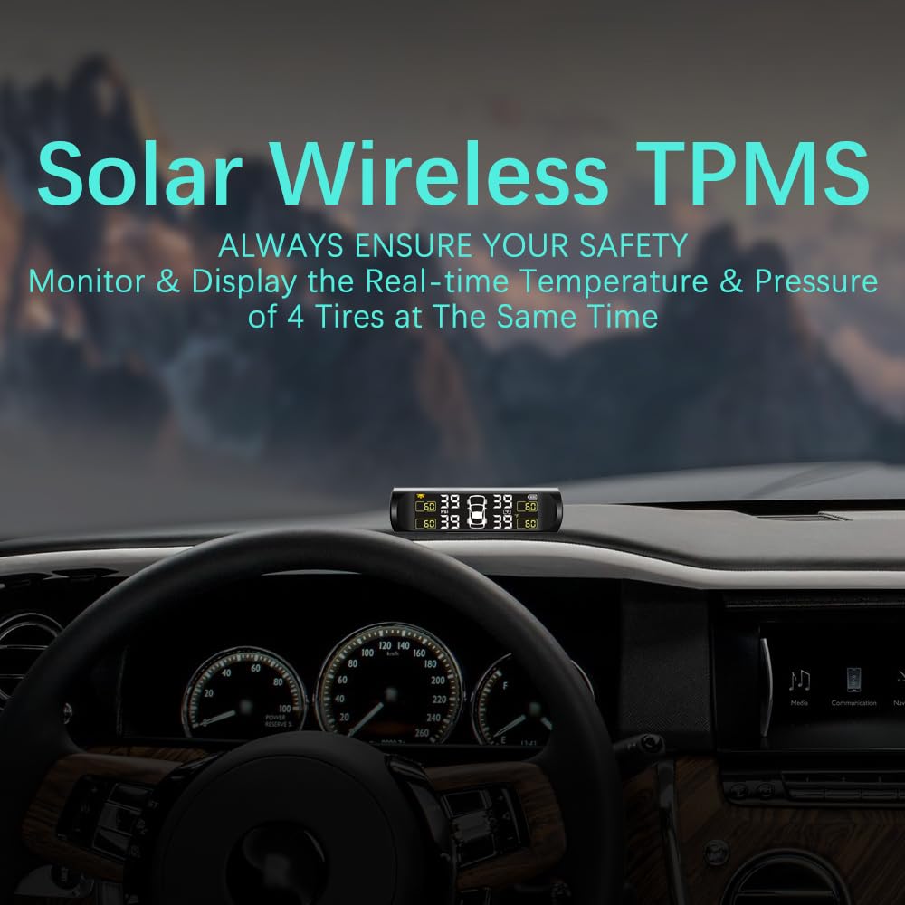 Tire Pressure Monitoring System - TPMS Tire Pressure Monitor System with Solar Charger, TPMS with 4 External sensors & 5 Alarm Modes, LCD Real-time Display, Auto Sleep Mode, Easy to Install