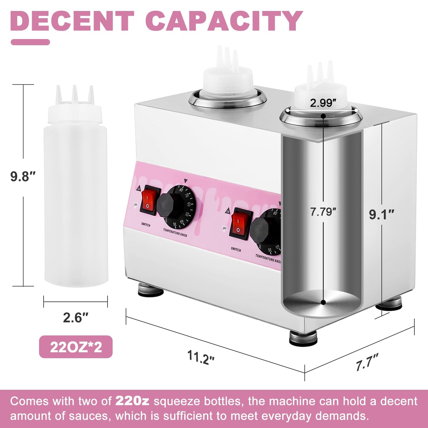 Saladulce Electric Sauce Warmer Hot Fudge Warmer Dispenser Nacho Cheese Warmer Jam Heat Preservation Machine with 22oz Bottles, 86~185℉ 110V