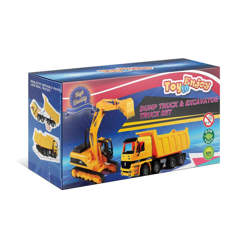 Toy To Enjoy Construction Toys - Excavator & Dump Truck Toy for Kids (Set of 2) – Moveable Claw & Lifting Back – Garbage Truck & Bulldozer Digger – Construction Vehicles for Boys & Kids