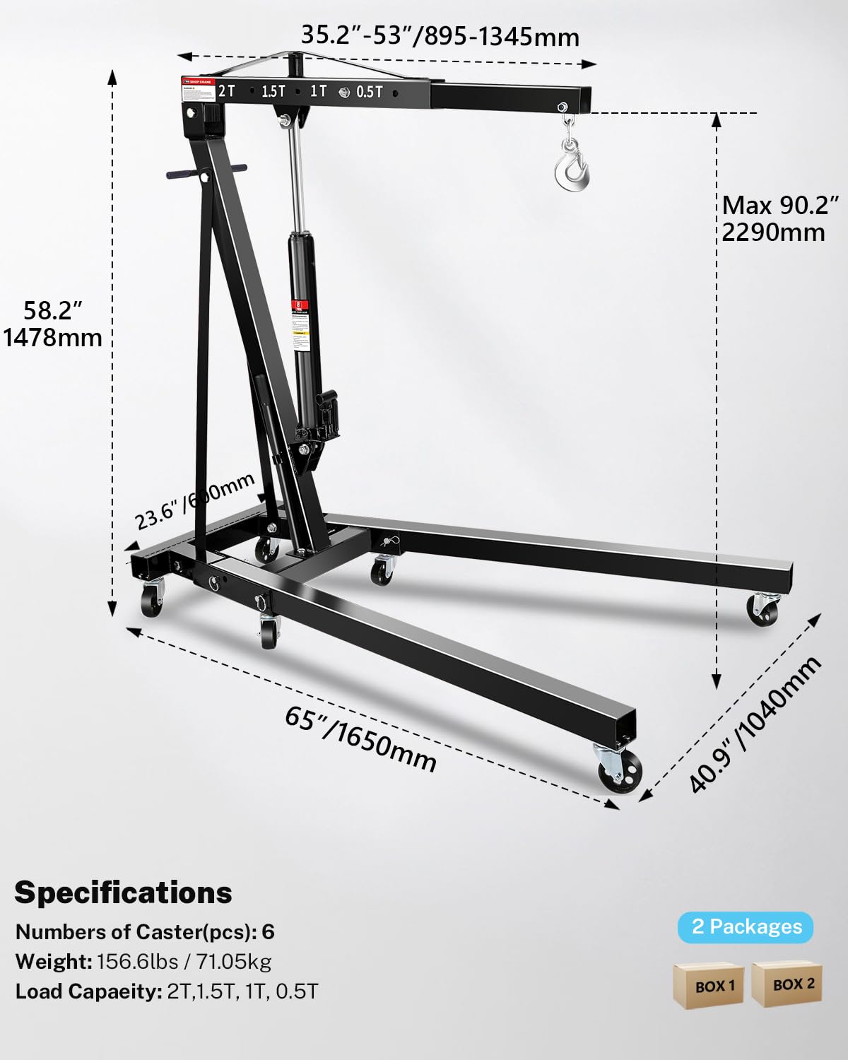 2-Ton Shop Crane, Hydraulic Folding Engine Hoist w/6 Steel Casters - Lift Car Transmissions, Boat Motors, Farm Equipment (Net Wt. 157 lbs)