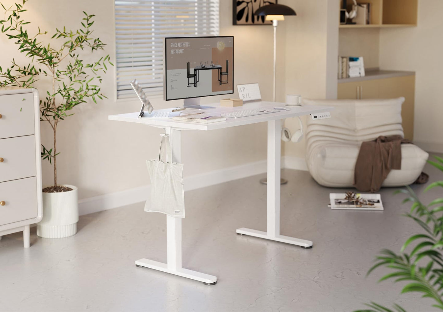 YDN Electric Standing Desk Adjustable Height, 40 x 24 Inches Stand up Desk with Cable Management, Home Office Desks with Splice Board & White Frame, White Top