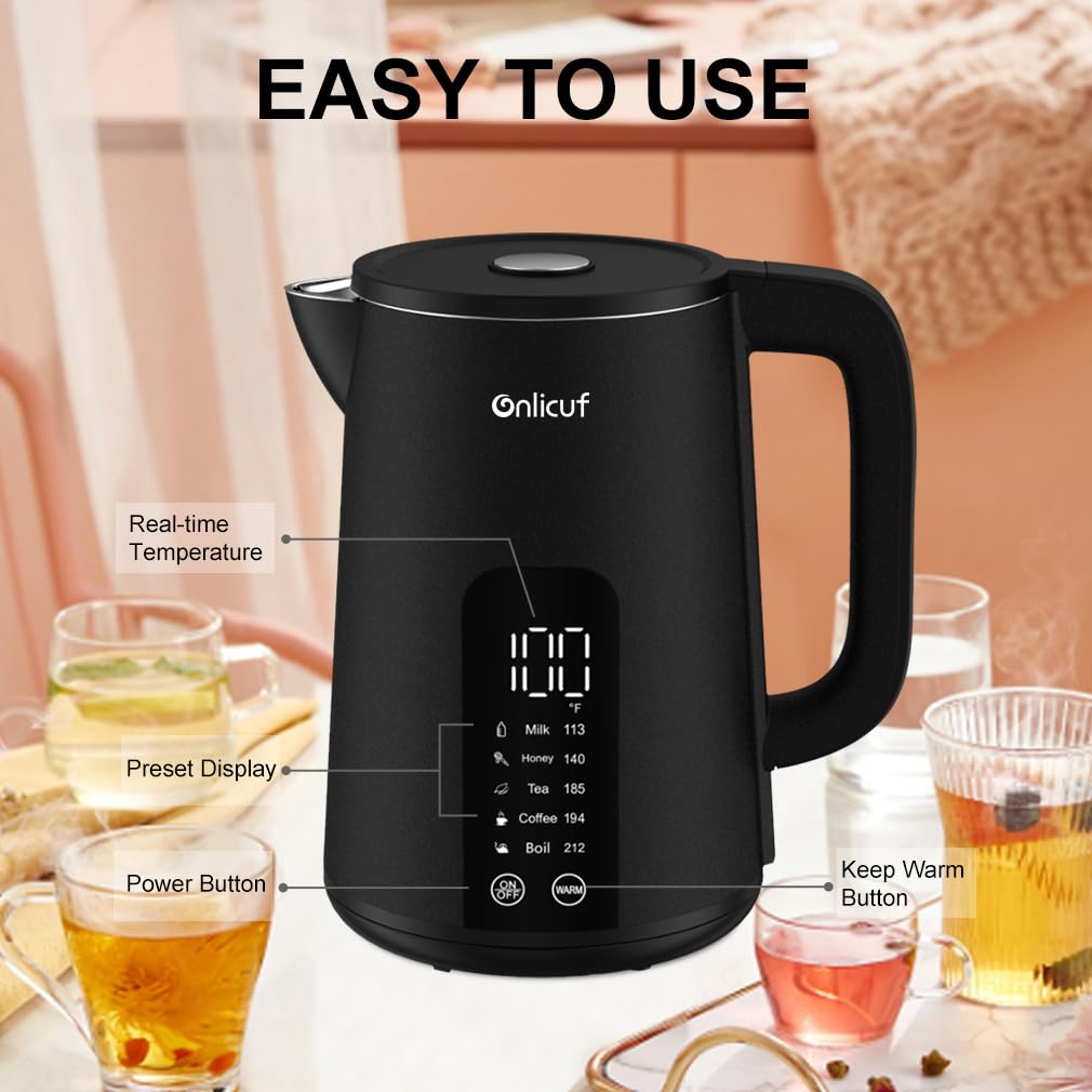 Onlicuf Electric Tea Kettle with Double Wall Cool Touch,1.7L Water Boiler Heater with Temperature Control,Stainless Steel Boiling Teapot, Digital Touch-Screen, Cordless, BPA-Free, Matte Black